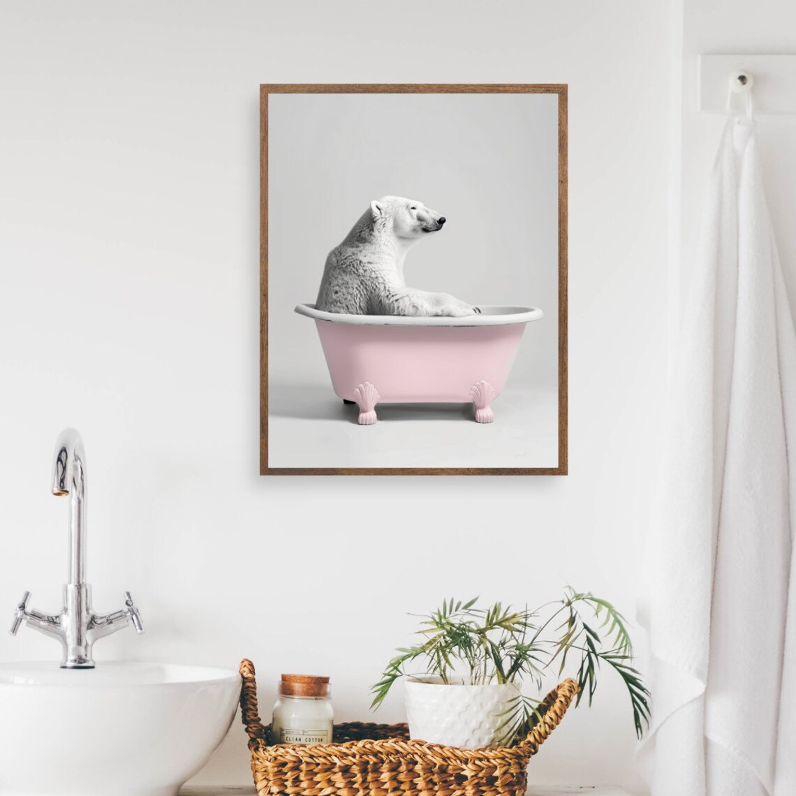 Polar Bear In Pink Bathtub Art Funny Bathroom Print