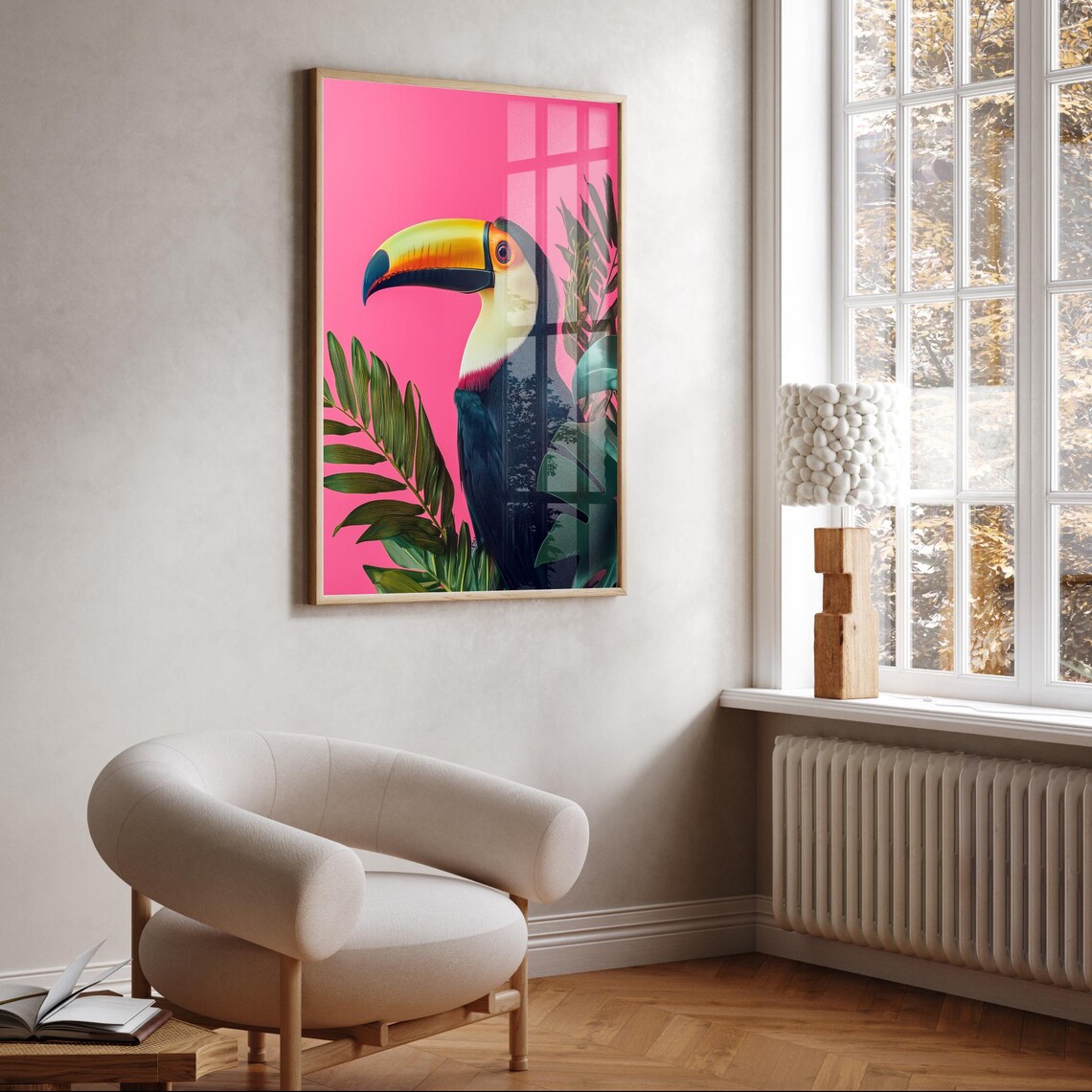 Tropical Toucan Hot Pink Background Maximalist Colorful Bird Print