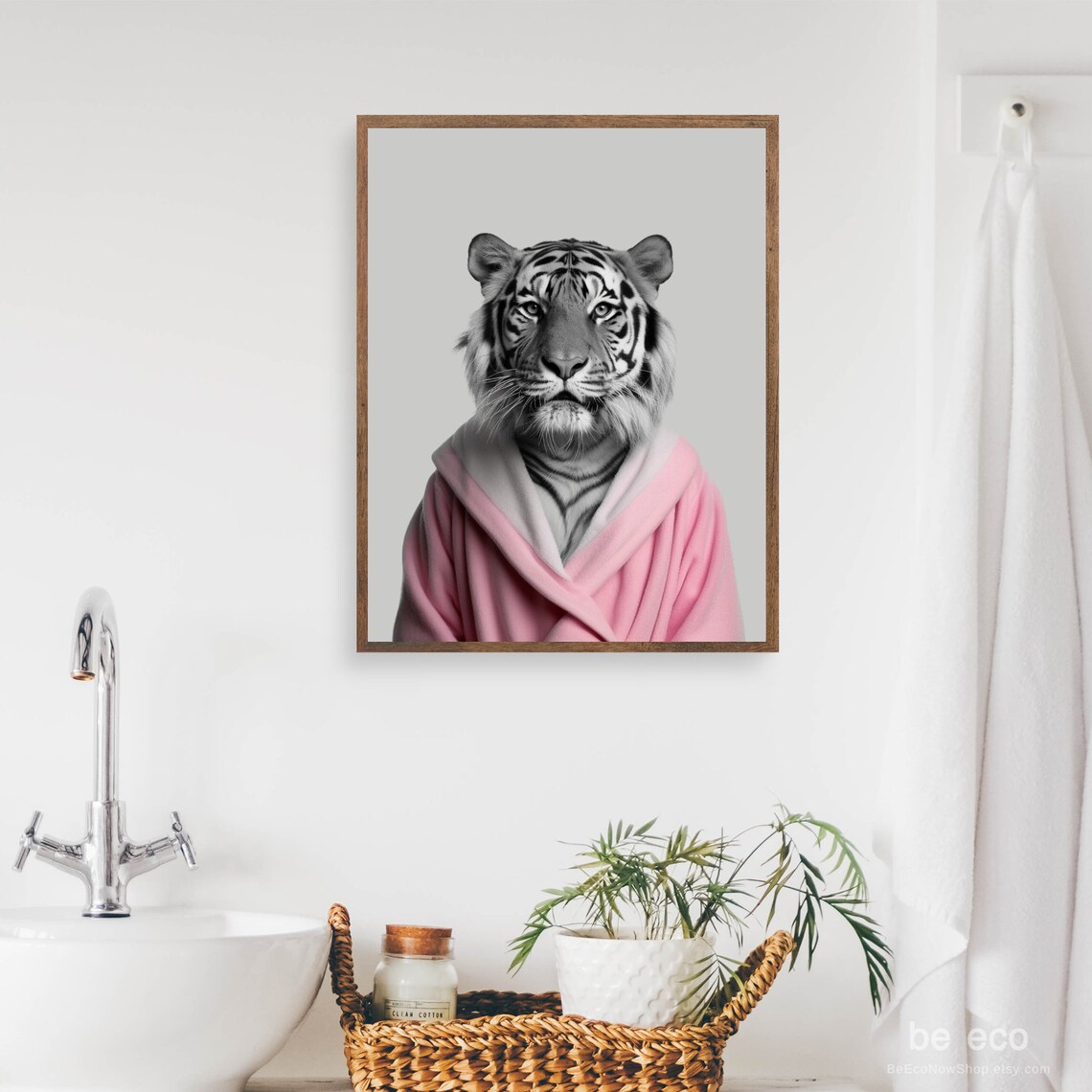 Funny Tiger In Pink Robe Art Print Whimsical Bathroom Decor