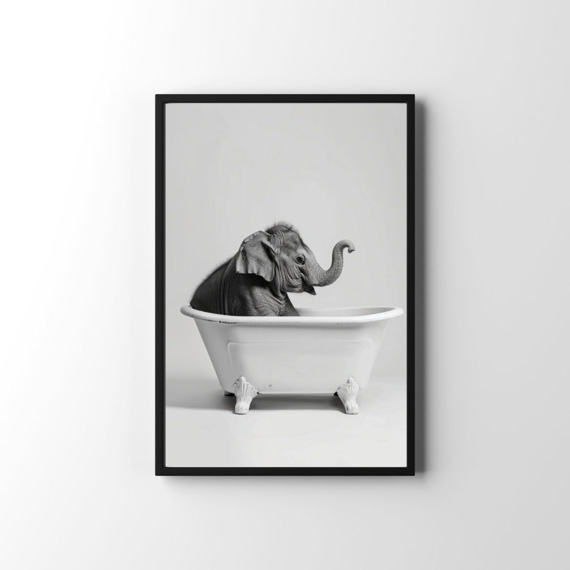 Baby Elephant in Bathtub Black White Funny Bathroom Animal Poster
