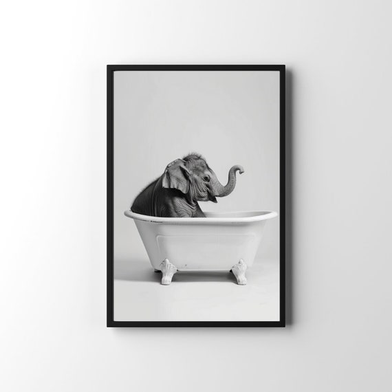Elephant In Bathtub Print Funny Bathroom Wall Art