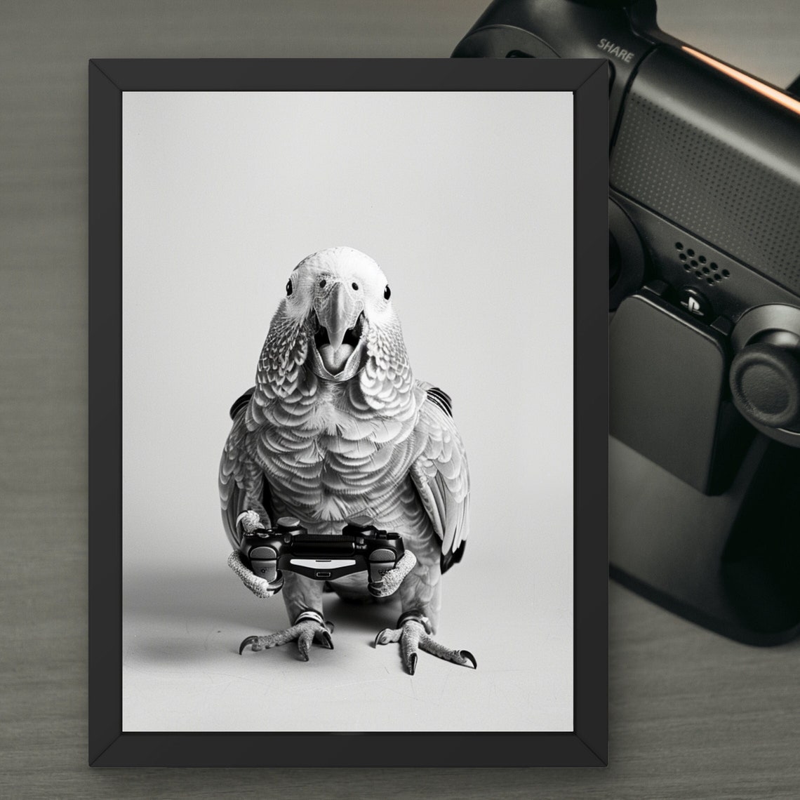 Parrot Holding Video Game Controller Monochrome Funny Gaming Poster