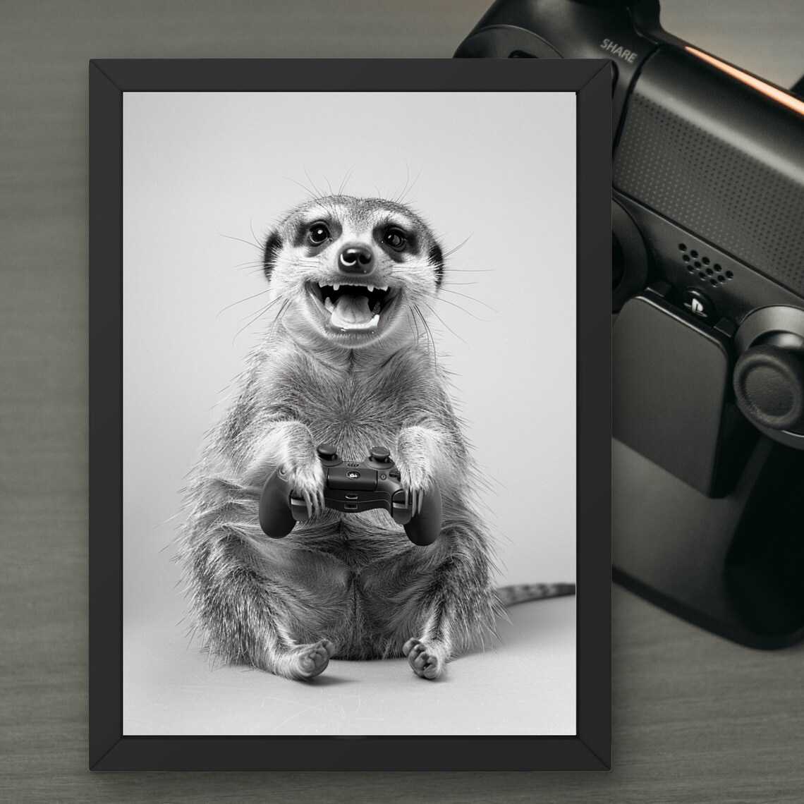 Happy Meerkat Gamer Holding a Video Game Controller Funny Poster