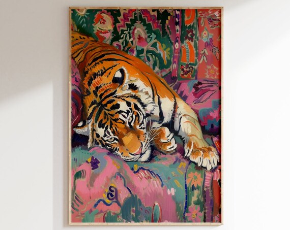 Vivid Painterly Colorful Resting Tiger in Floral Tapestry Art Print