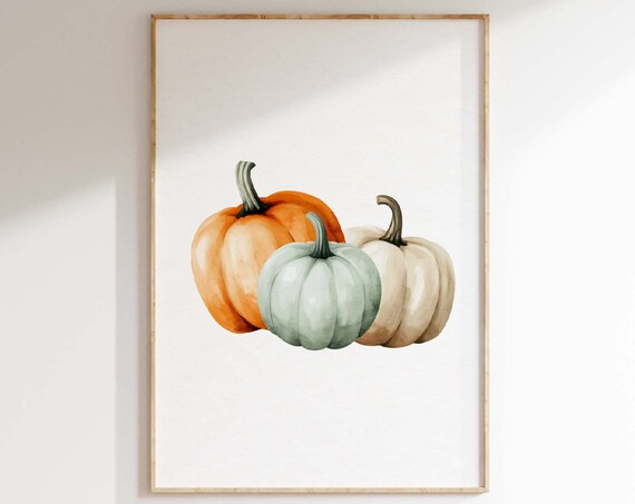 Three Watercolor Pumpkins In Orange Sage And Cream Fall Wall Art