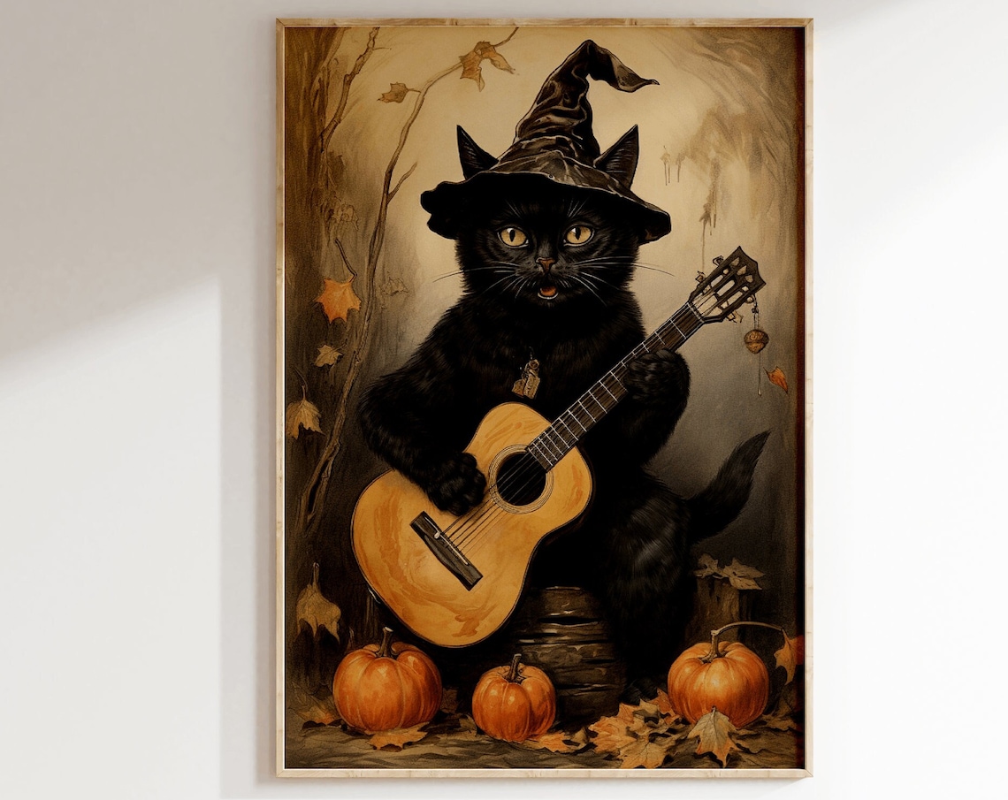 Black Cat in Witch Hat Playing Guitar Halloween Autumn Art Poster