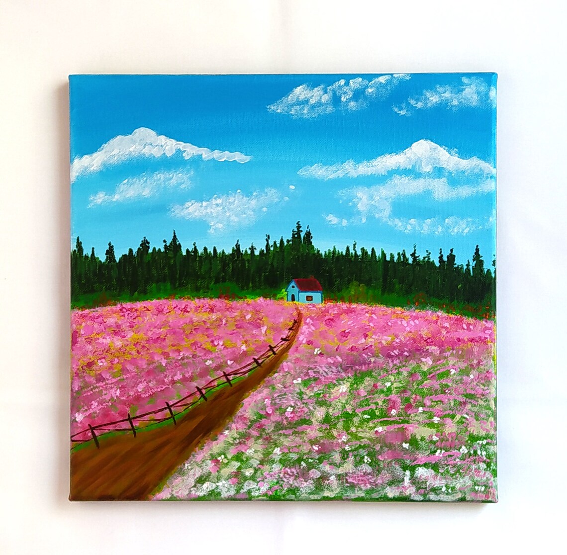 Pink Flower Field Blue House Red Roof Pine Forest Sky Painting Print