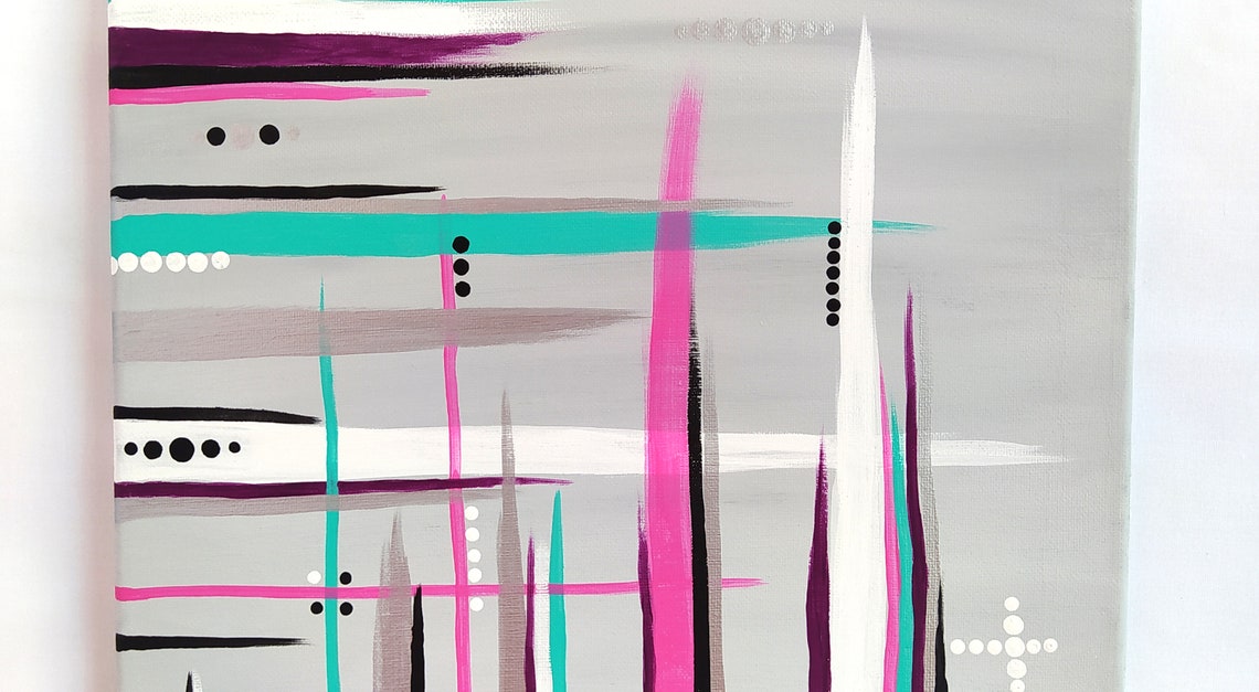 Gray Diamond Abstract Teal Pink White Lines Modern Geometric Wall Art - Image 2
