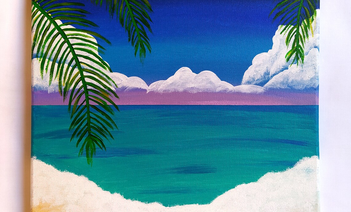 Tropical Beach Palm Fronds Turquoise Sea White Clouds Painting Print - Image 3