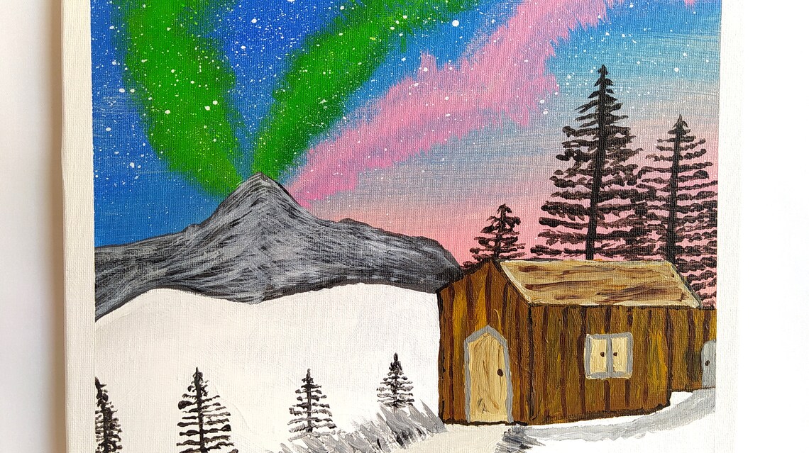 Winter Night Cottage Aurora Pine Tree Mountain Landscape Scenery Nature Painting On Wall Art Dcor Housewarming Gift - Image 3