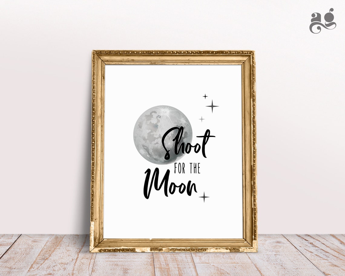 Shoot for the Moon Watercolor Moon Quote Nursery Star Decor Poster - Image 3