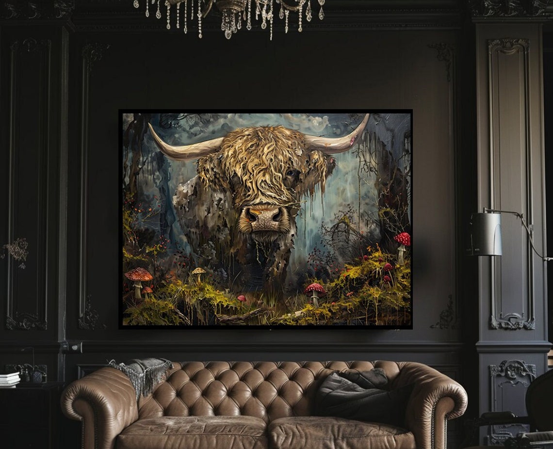 Highland Cow In A Mushroom Forest Dark Gothic Painting Poster
