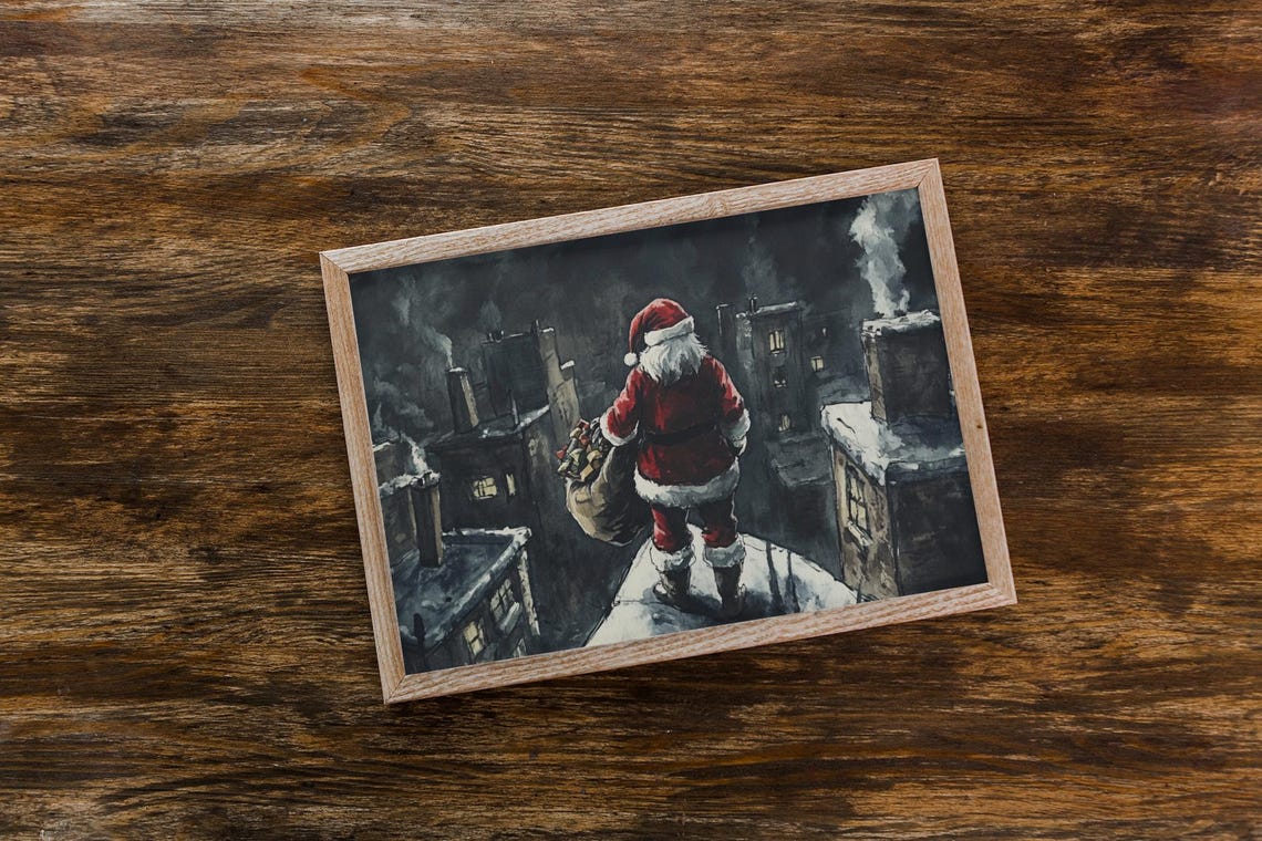 Santa Claus Rooftop Night Chimneys Gift Sack Watercolor Poster - Image 2