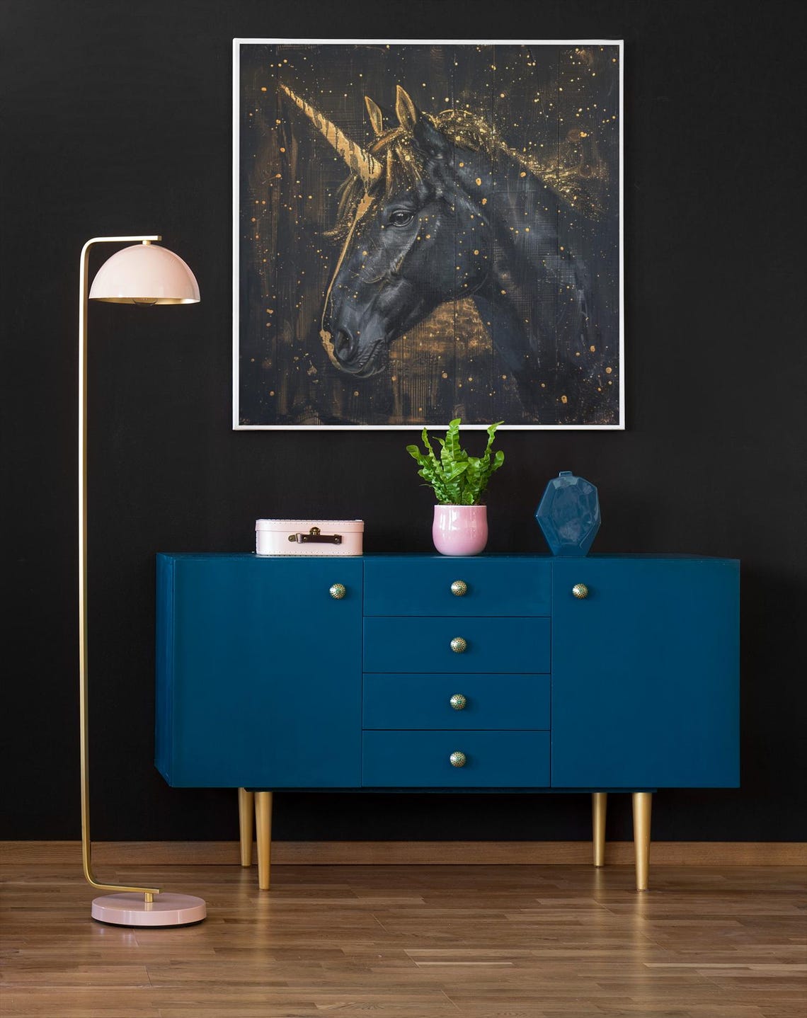 Mysterious Black Unicorn With Gold Horn On Dark Wood Panel Art Poster - Image 2