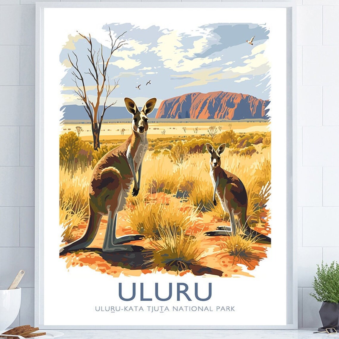 Uluru National Park Kangaroos Australia Red Rock Travel Poster
