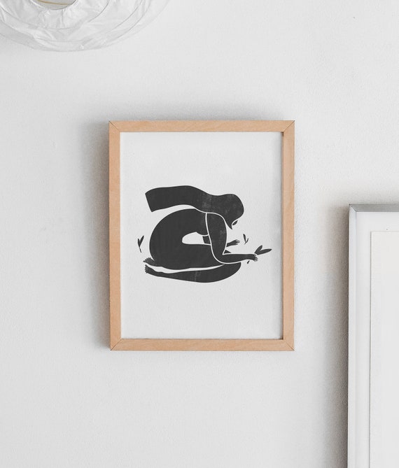 Woman Gardening Woodblock Style Illustration, Art Print