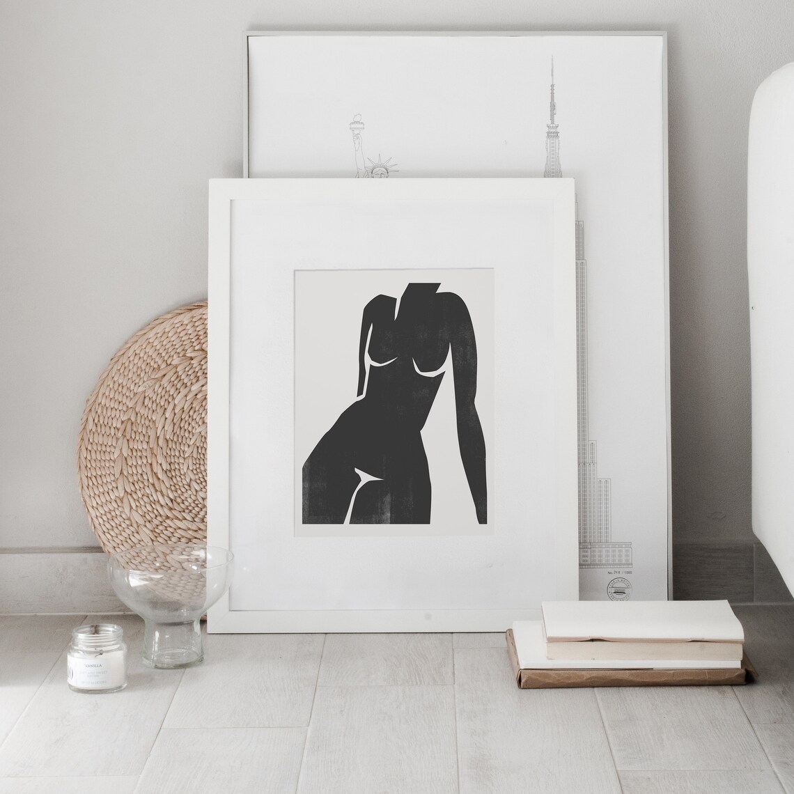 Female Figure, Black And White Wood Block Style - Image 2