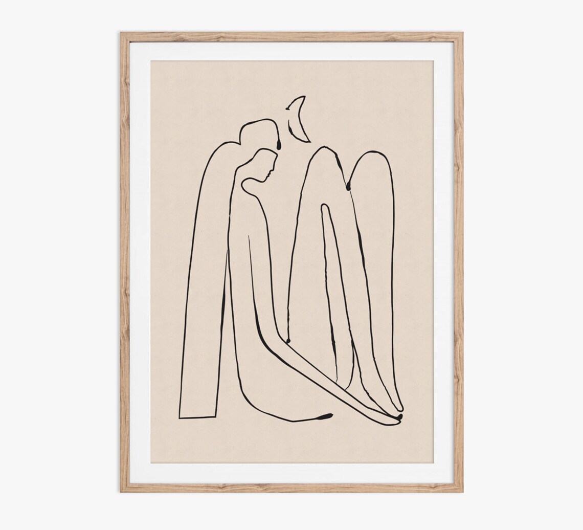 Seated Figure Under Crescent Moon Minimalist Line Art Wall Poster