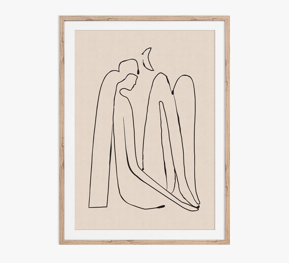 Seated Figure Under Crescent Moon Minimalist Line Art Wall Poster