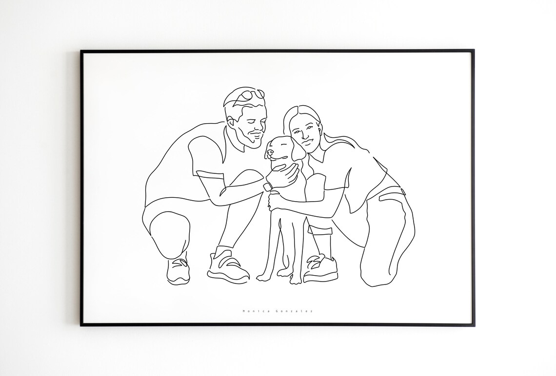 Couple Hugging Their Dog Minimalist Line Art Pet Family Poster