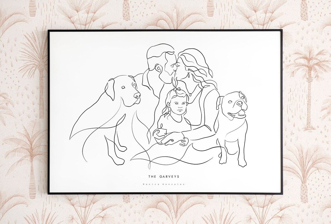 Custom Couple Child and Two Dogs Single Line Family Art Poster