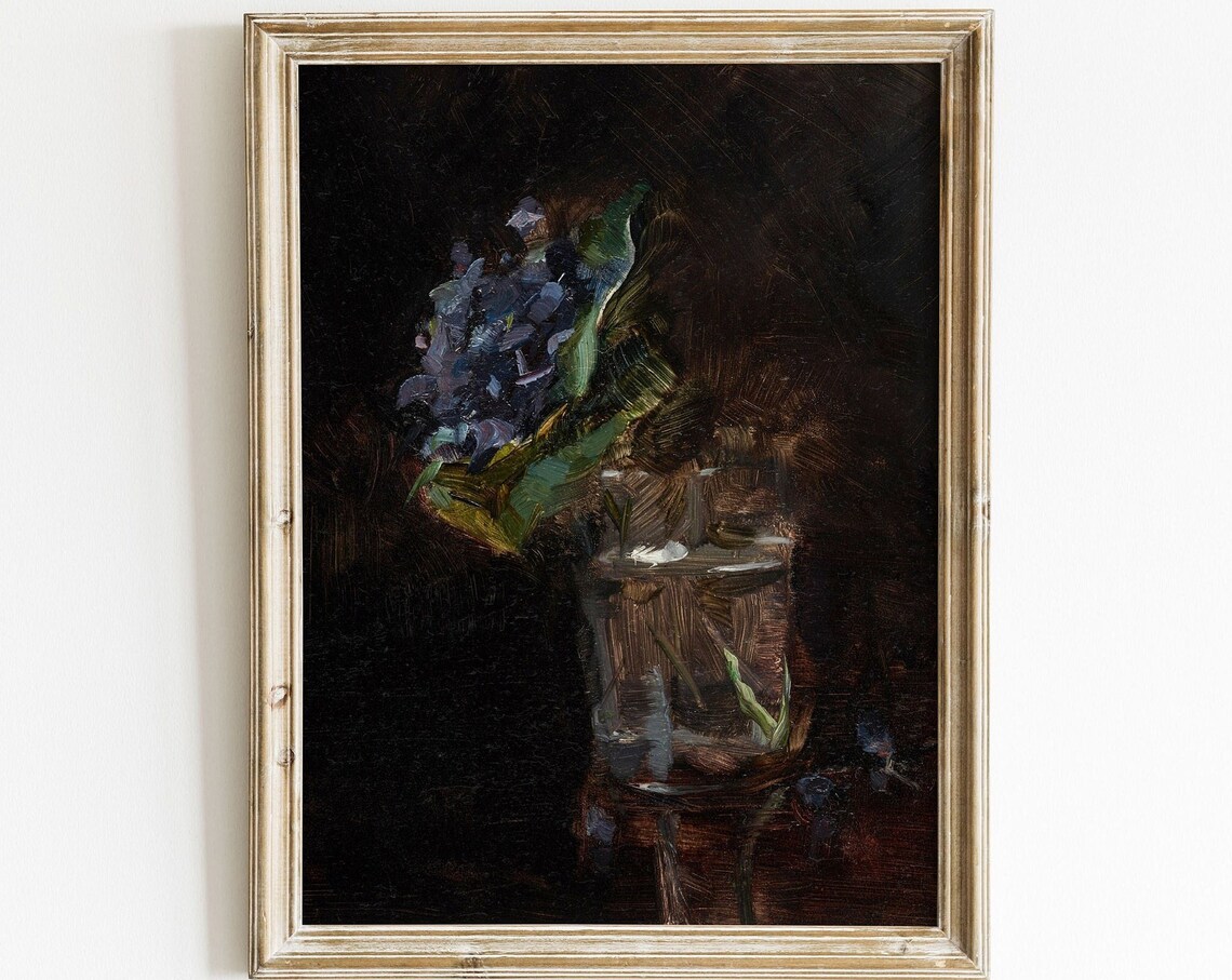 Dark Gothic Violets in Glass Jar Moody Vintage Still Life Oil Painting Poster