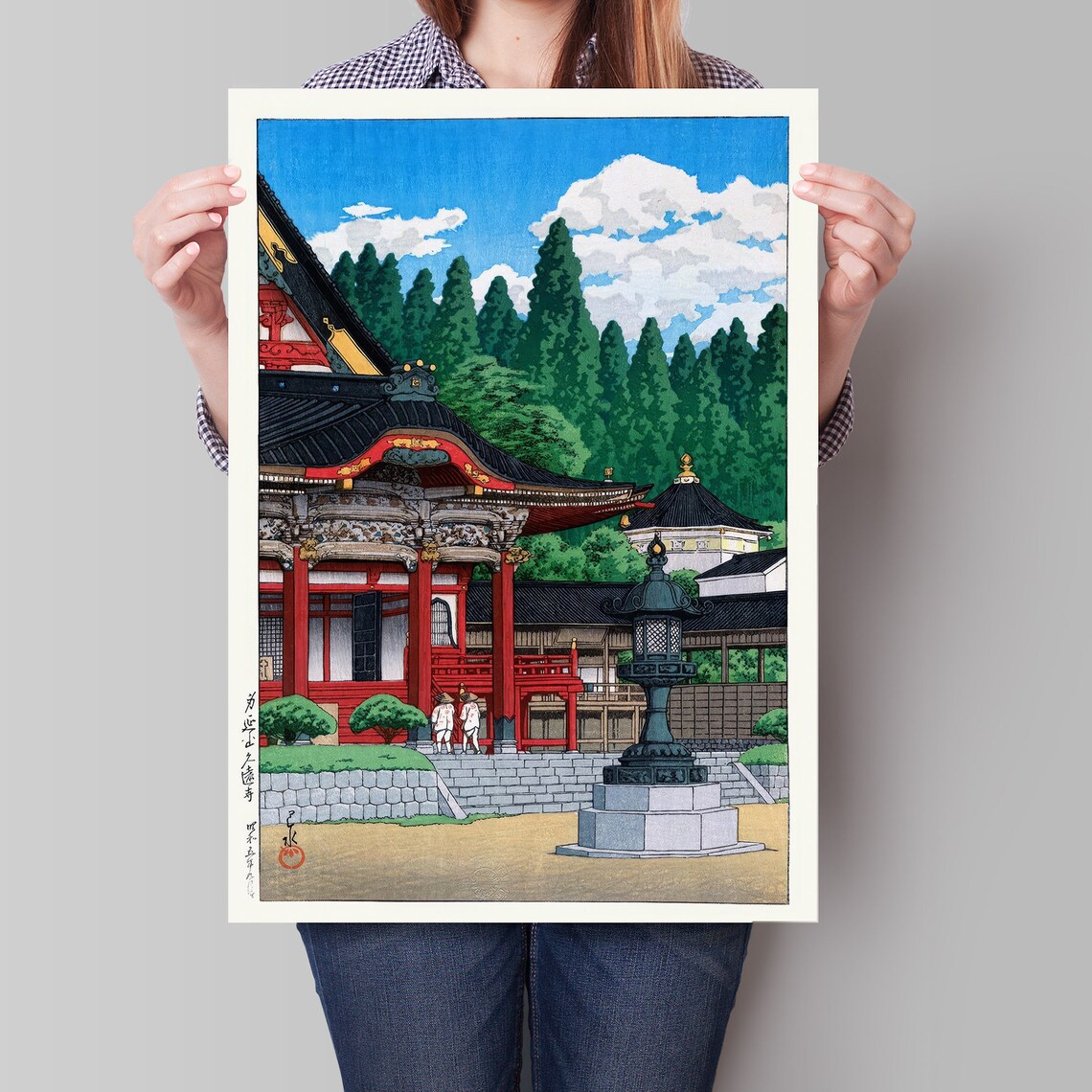 Kawase Hasui Red Temple Pavilion Stone Lantern Cedar Vintage Woodblock Poster - Image 4