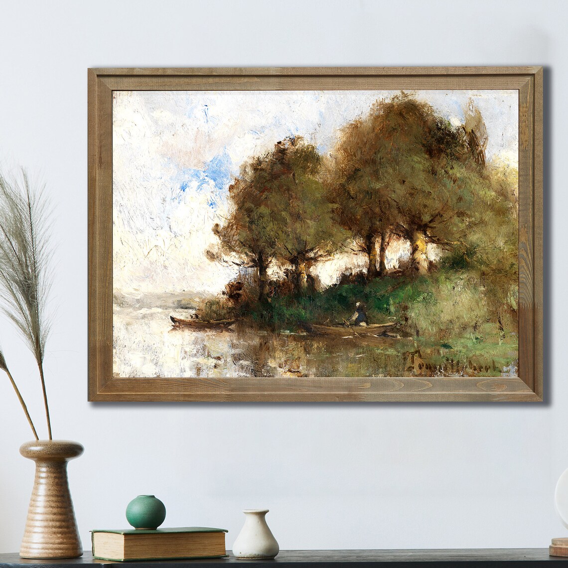 Vintage Oil Painting Sunlit River Boats Under Dark Trees Art Poster - Image 3