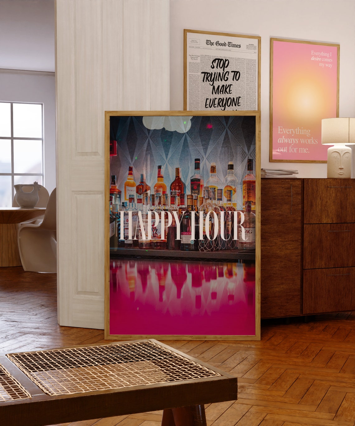 Happy Hour Bar Bottles Photo Pink Retro Kitchen Decor Poster - Image 3