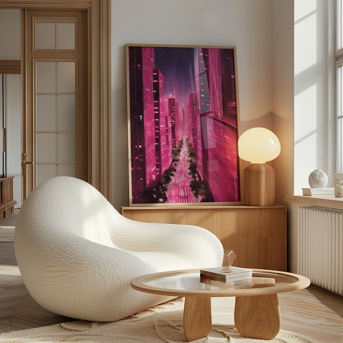 Pink Magenta Night City Skyline Aerial Street Painterly View Poster - Image 2