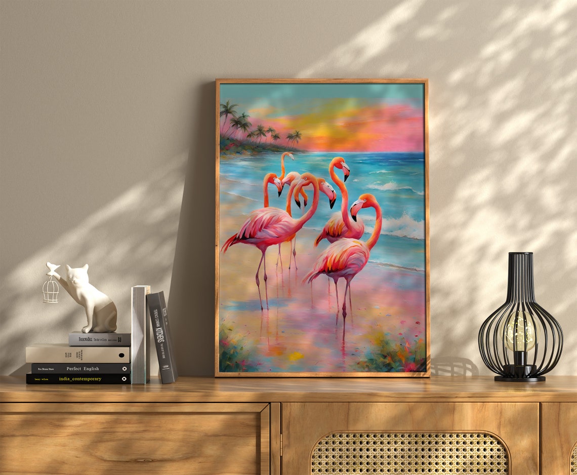 Flamingo Sunset Beach Painting Pink Tropical Bird Decor Poster - Image 4