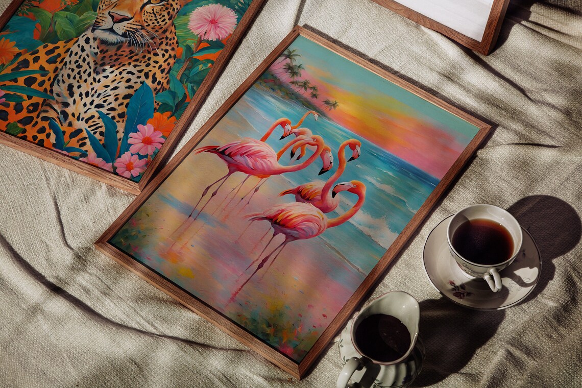 Flamingo Sunset Beach Painting Pink Tropical Bird Decor Poster - Image 3