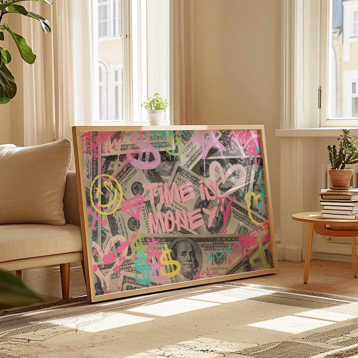 Time Is Money Graffiti Pink Neon Spray Paint Dollar Bill Poster - Image 4