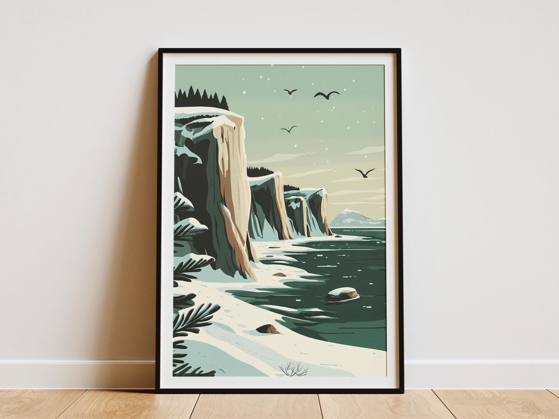 Snowy Coastal Cliffs And Frozen Waterfall Winter Seascape Poster
