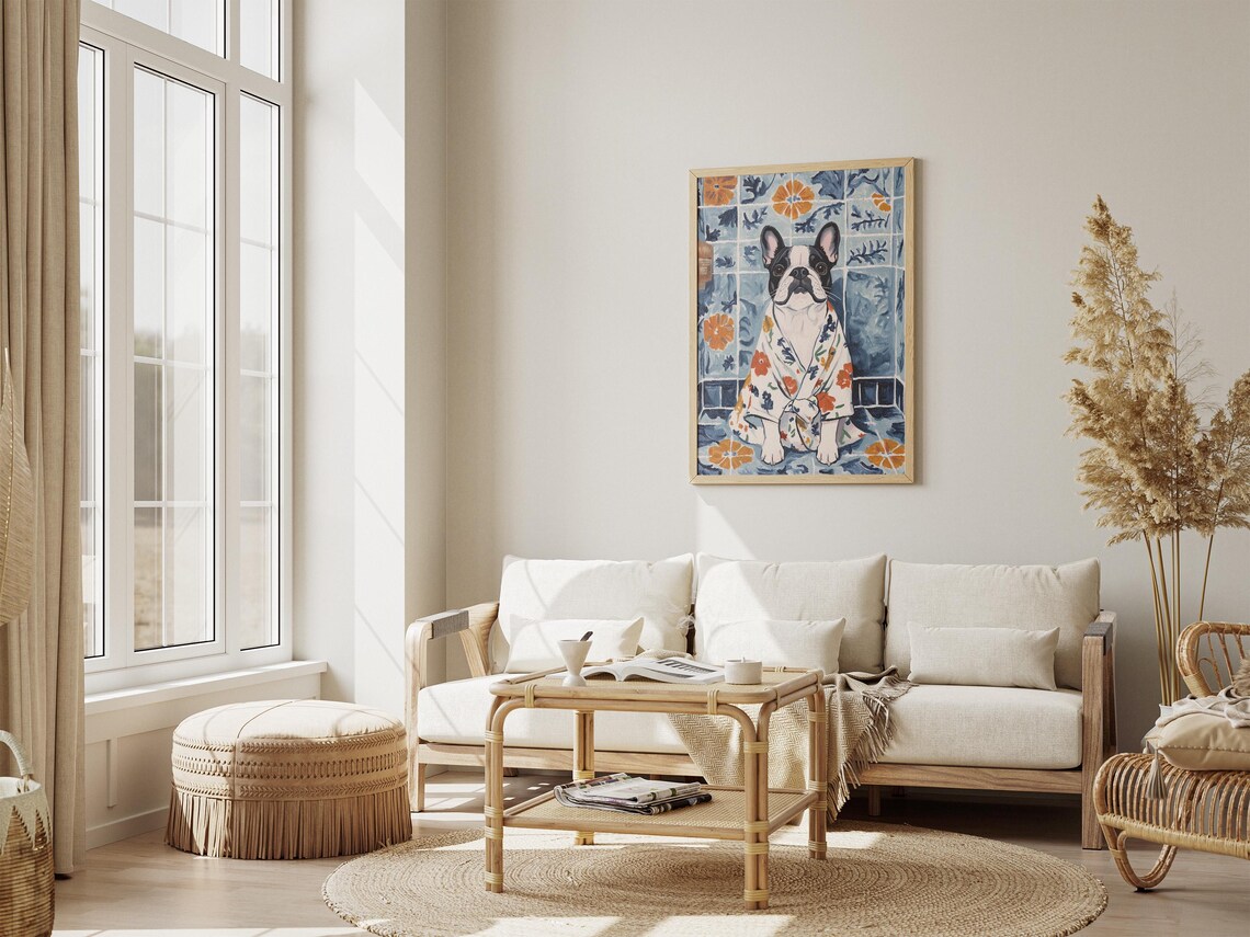 French Bulldog In Floral Bathrobe Blue Tiled Bathroom Dog Poster - Image 4