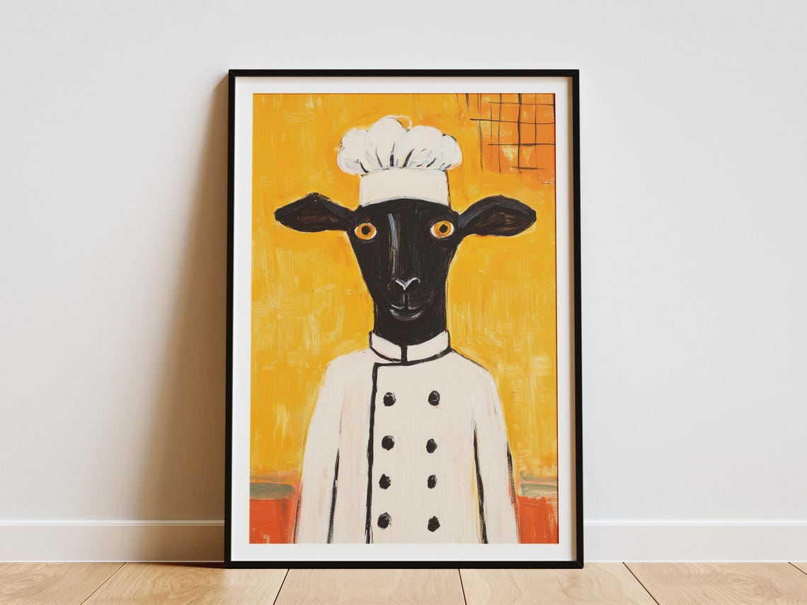 Funny Black Sheep Chef In White Uniform On Bold Yellow Poster