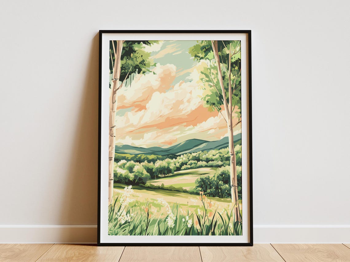 Spring Valley View Between Birch Trees Peach Clouds Landscape Poster