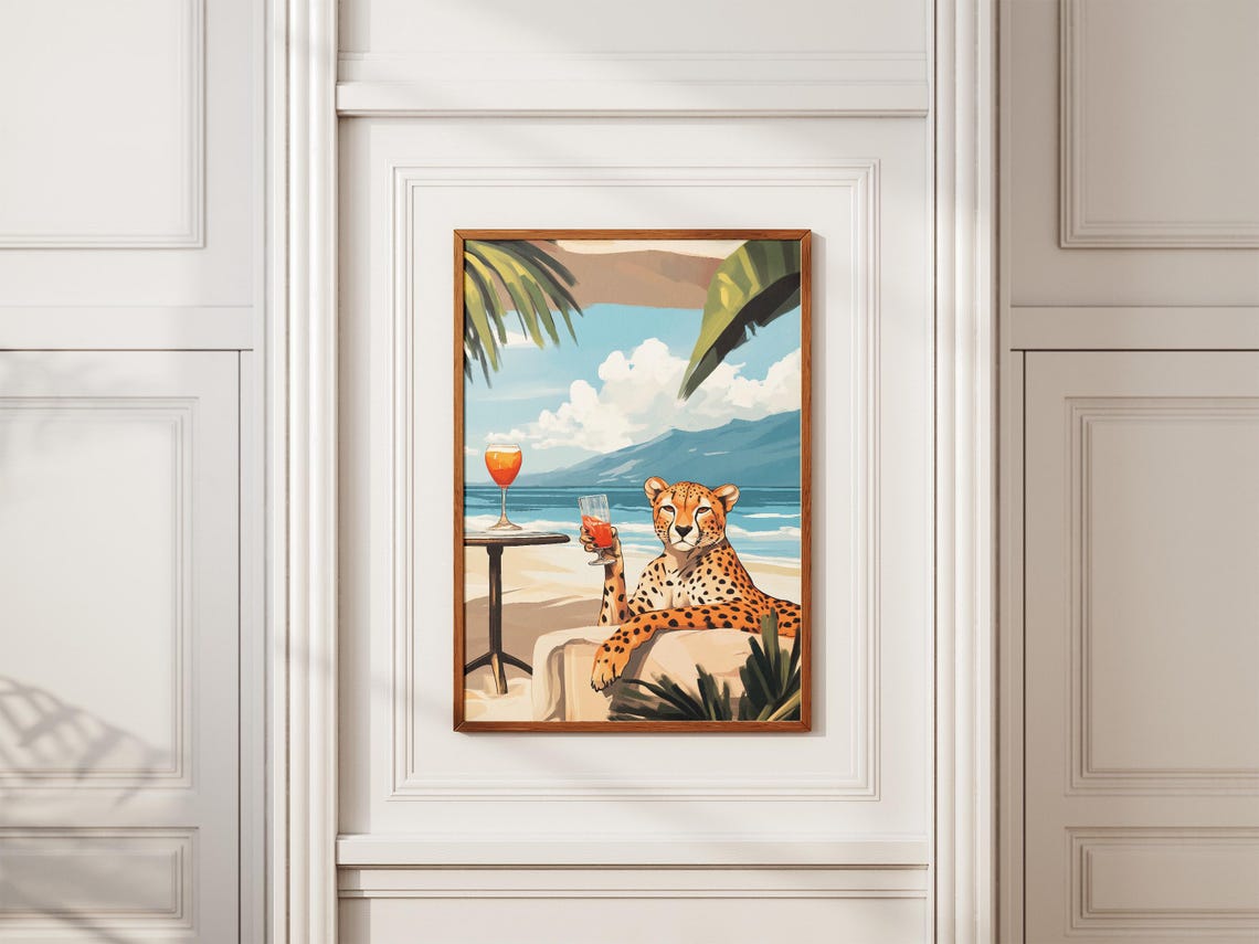Elegant Cheetah Relaxing on a Beach Daybed With Wine Glass Poster - Image 2