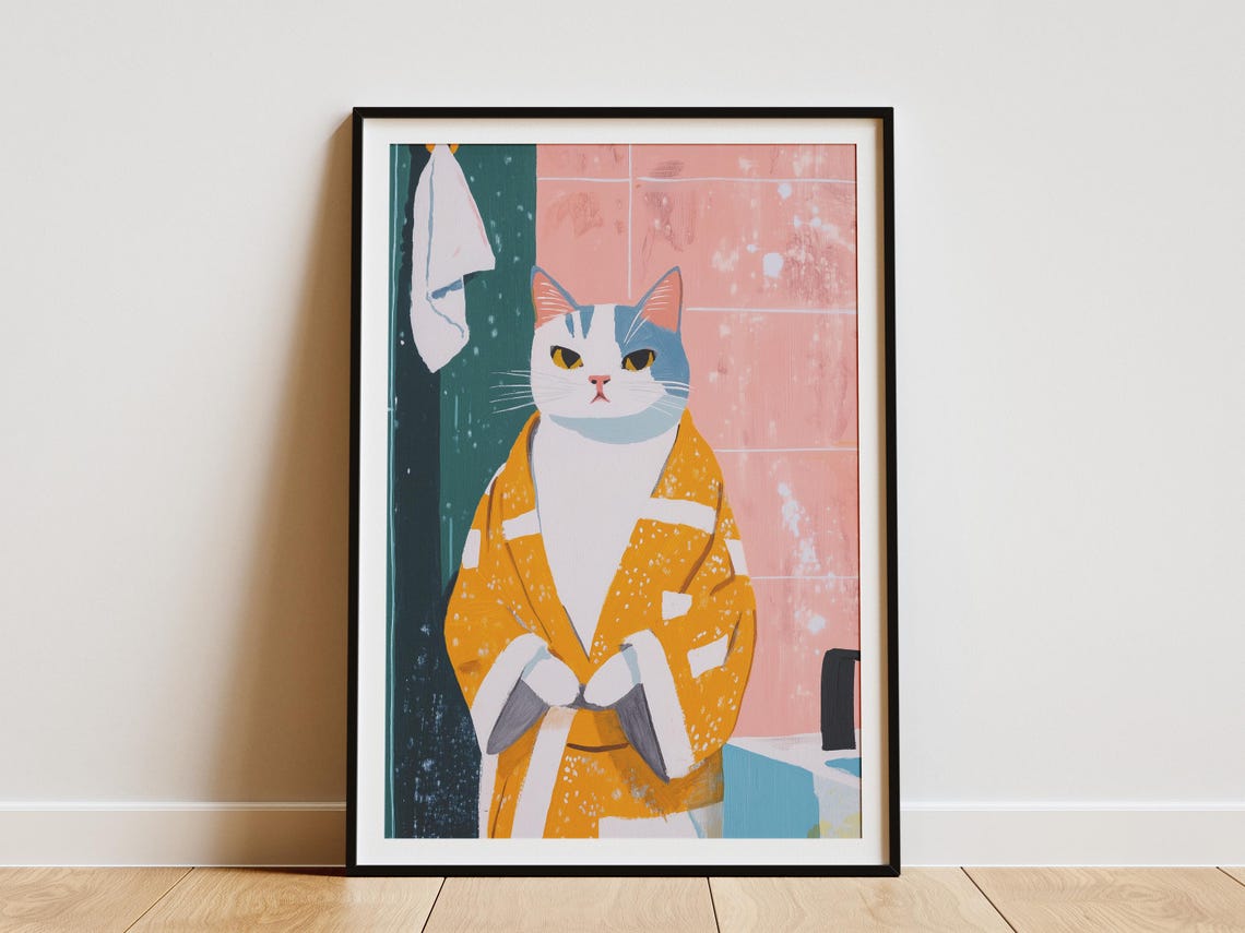Turkish Van Cat Bathrobe Bathroom Art Print Funny Poster Whimsical Pet Portrait Lover Gift Wall Decor