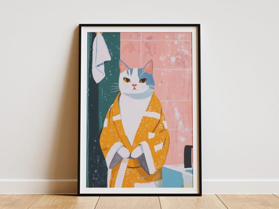 Turkish Van Cat Bathrobe Bathroom Art Print Funny Poster Whimsical Pet Portrait Lover Gift Wall Decor
