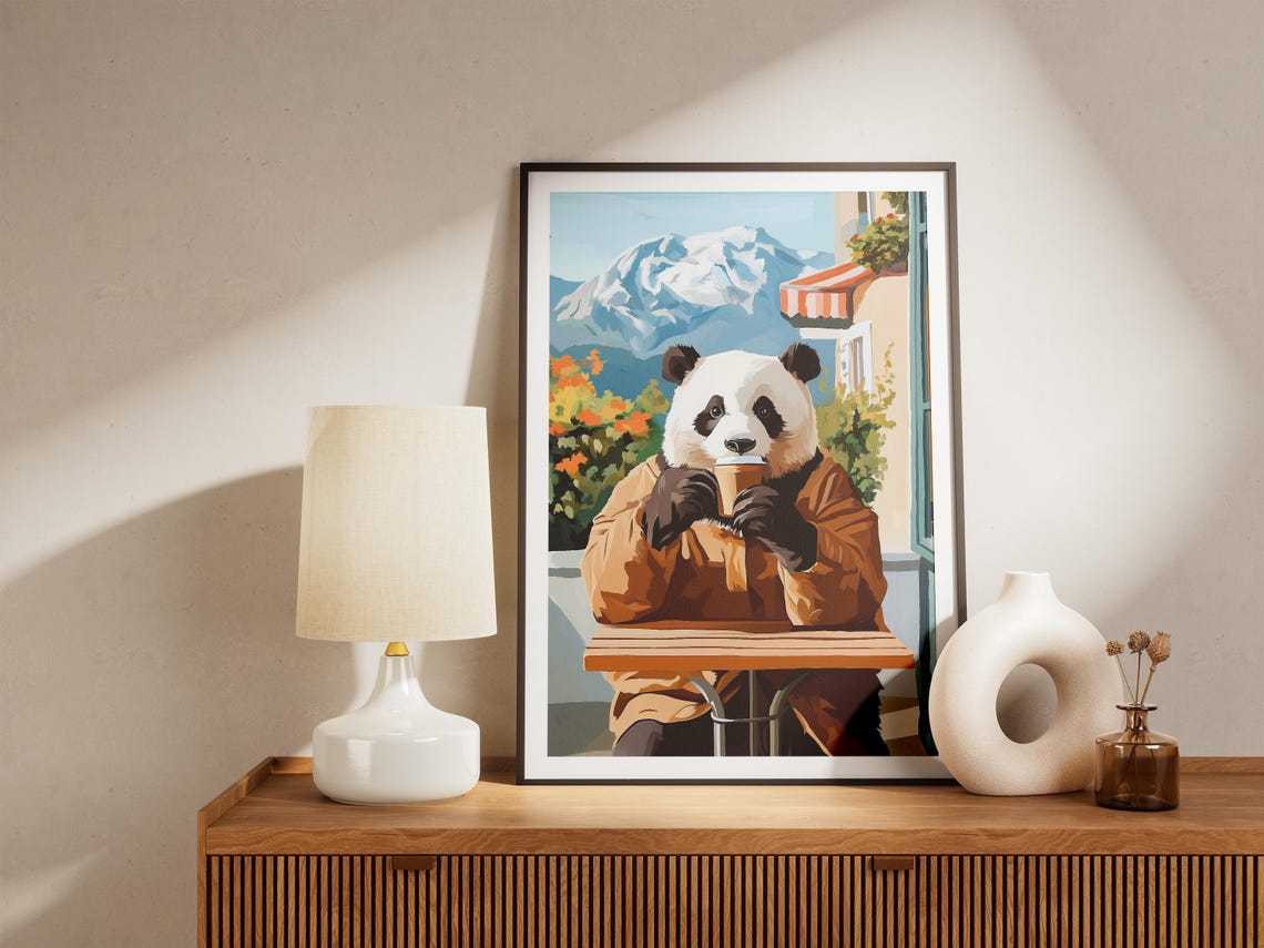 Panda Coffee Poster Cozy Cafe Animal Wall Decor Mountain Gift Decor - Image 4
