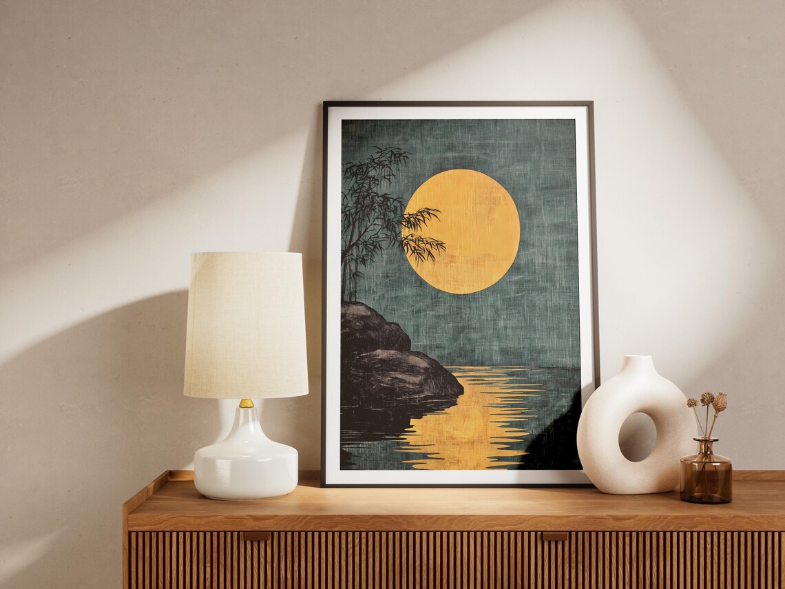 Golden Moon Over Still Water Bamboo Japanese Zen Art Night Poster - Image 4