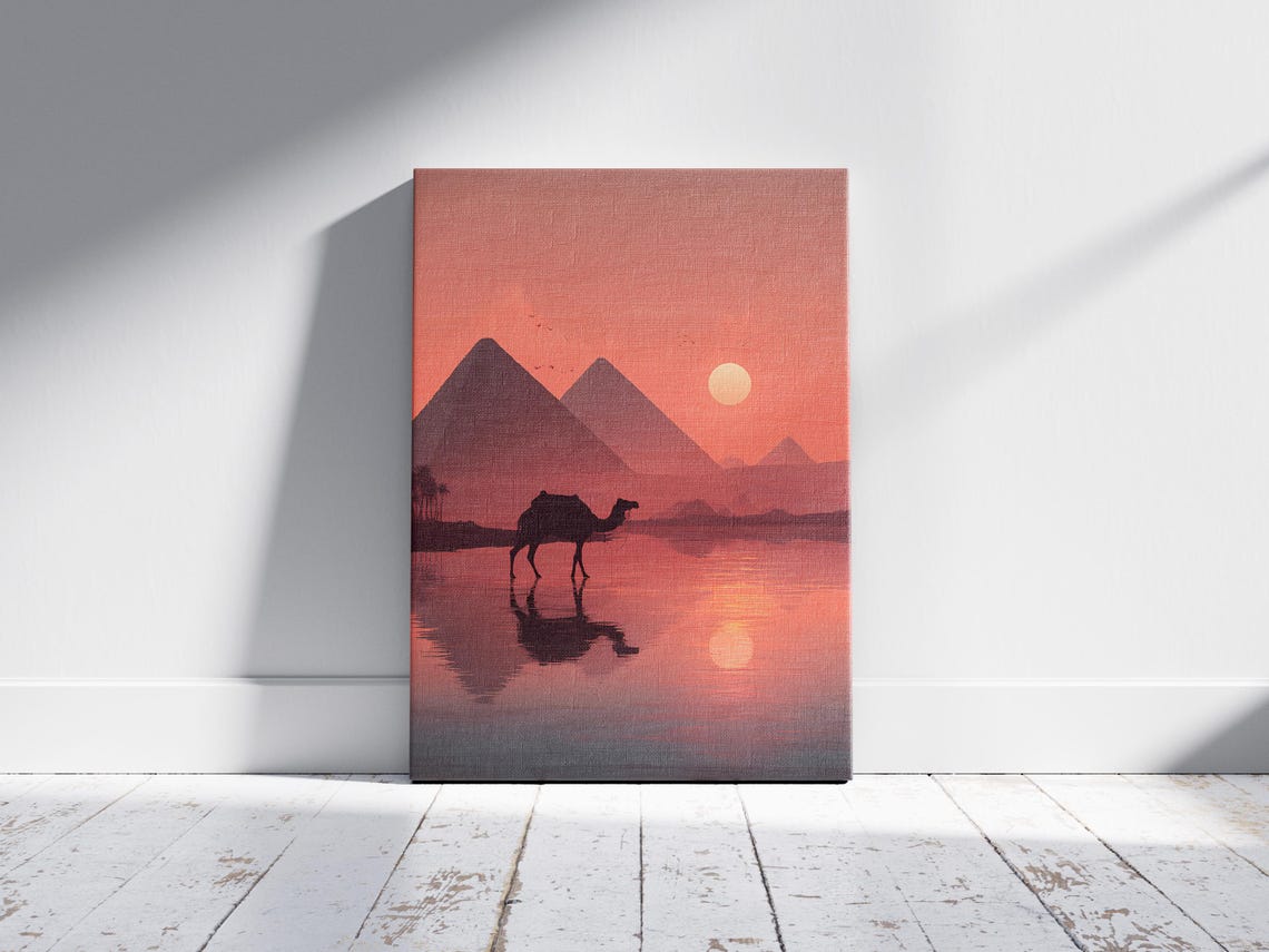 Camel Silhouette Giza Pyramids Sunset Reflection Travel Poster - Image 2