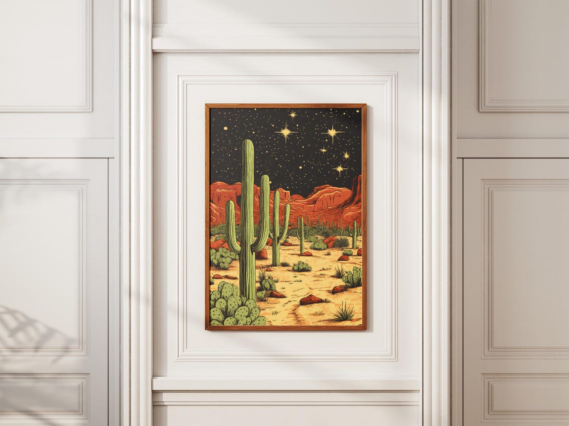 Saguaro Cactus Desert Under A Starry Night Sky Vintage Poster - Image 2