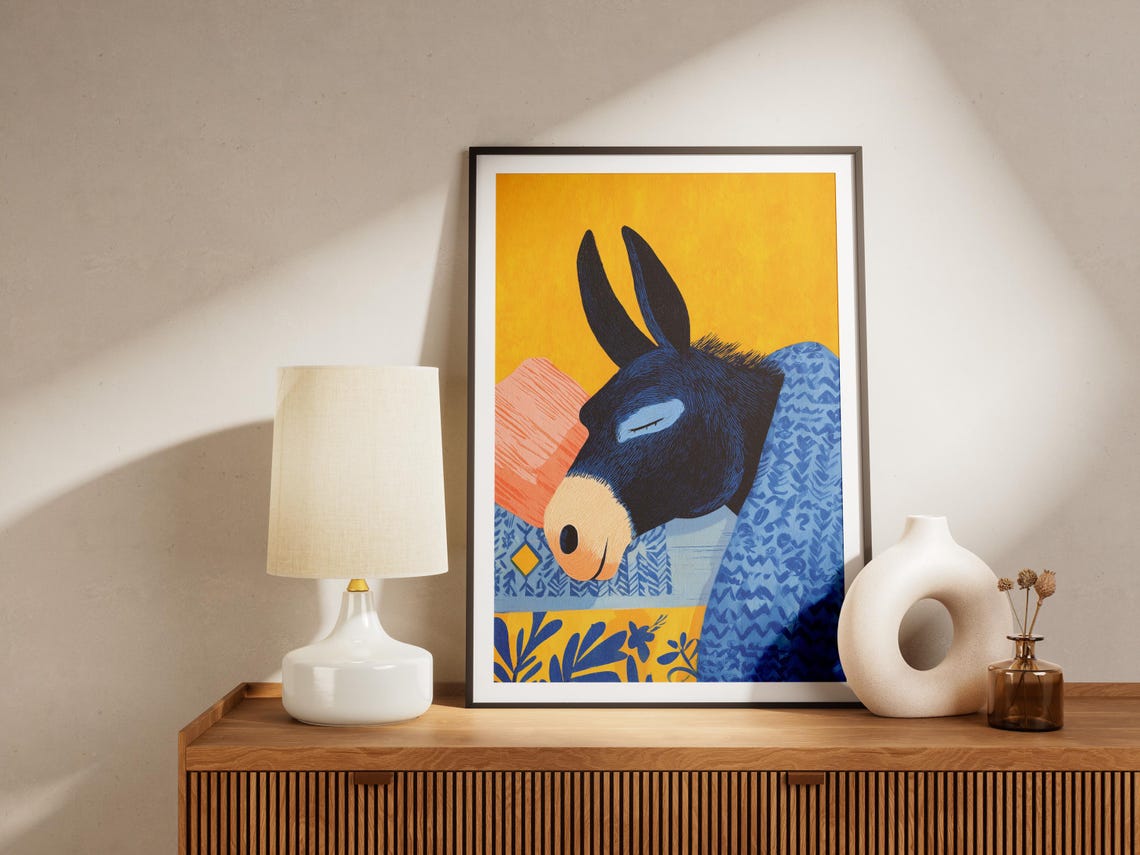 Whimsical Blue Donkey Sleeping In Bed, Matisse Style - Image 4