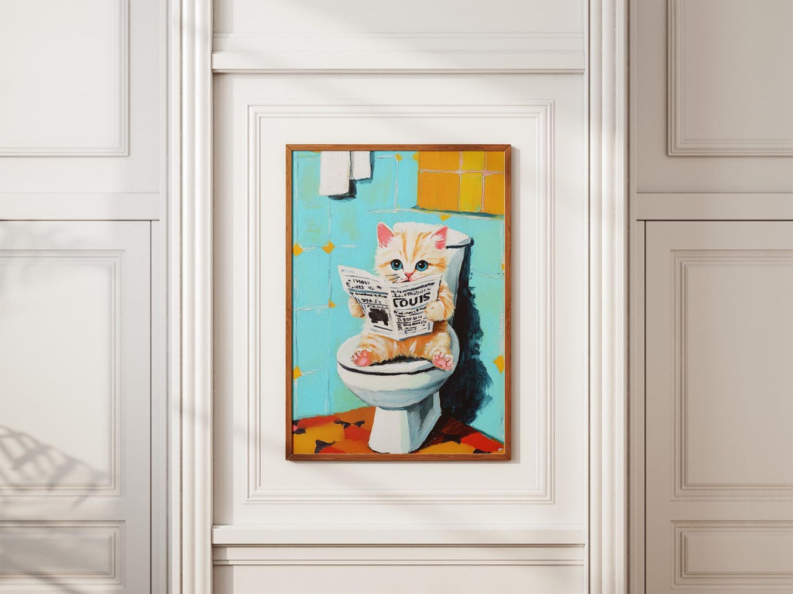 Kitten Reading Newspaper On Toilet Poster Funny Cat Bathroom Humor Art - Image 2