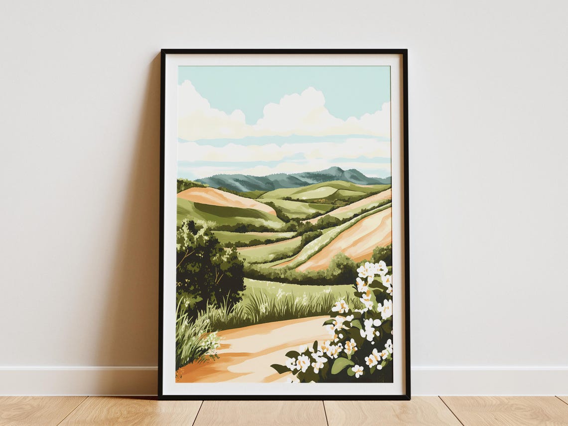Rolling Tea Plantation Hills With Dirt Road White Blossoms Poster