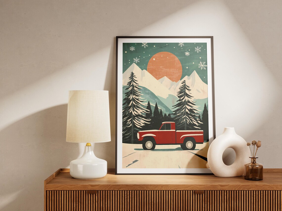Red Vintage Truck in Snowy Mountains Winter Sunset Retro Art Poster - Image 4