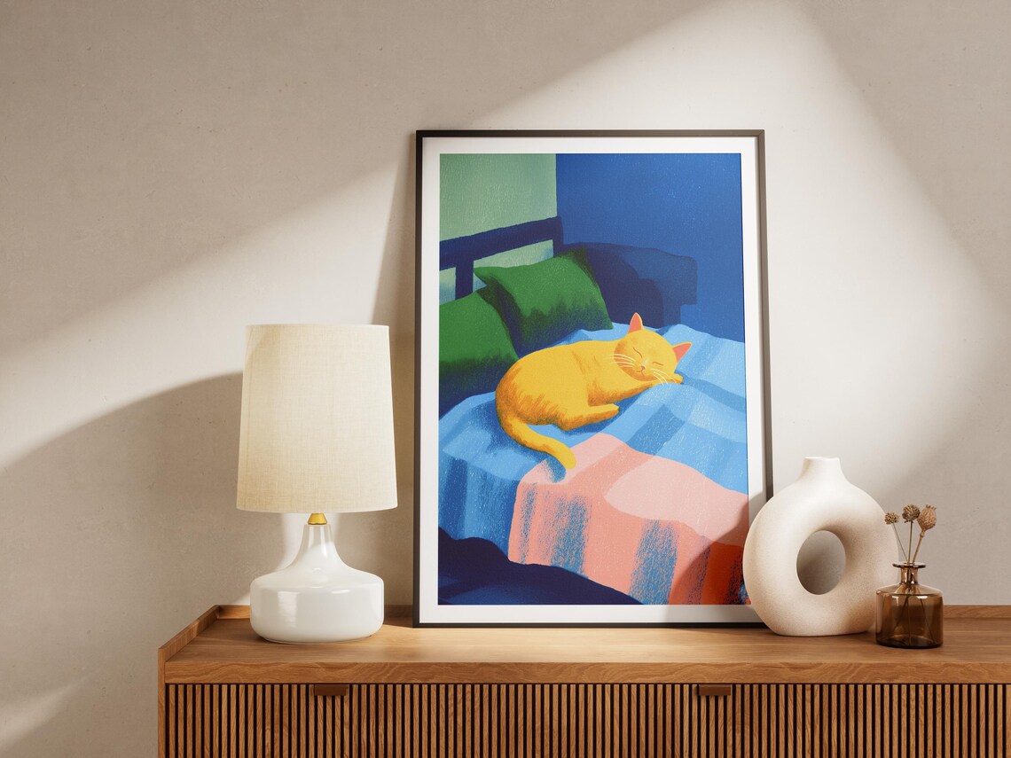 Yellow Cat Sleeping in Bed Blue Blanket Matisse Style Cat Poster - Image 4