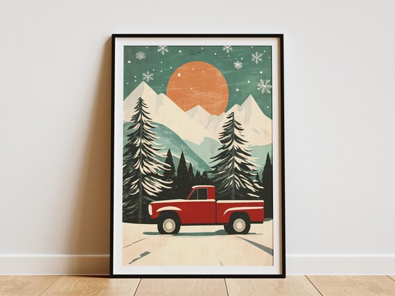 Red Vintage Truck in Snowy Mountains Winter Sunset Retro Art Poster